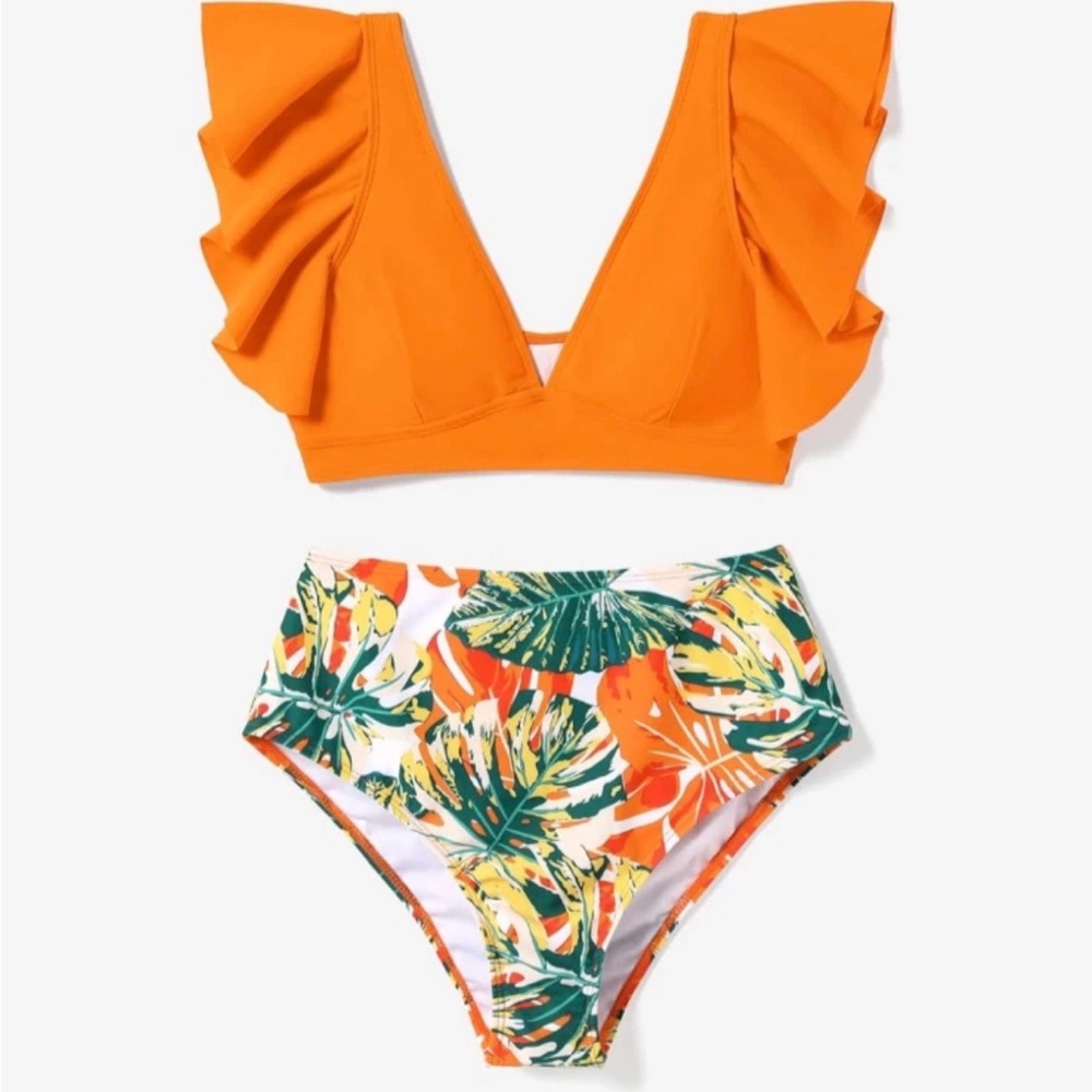 Orange Ruffle Bikini Top with Tropical Print Bottom
